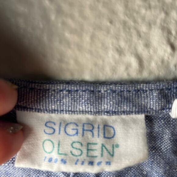 Sigrid Olsen womens 100% linen blue shirt cotton summer 3/4 Sleeves V-Neck - Picture 3 of 4